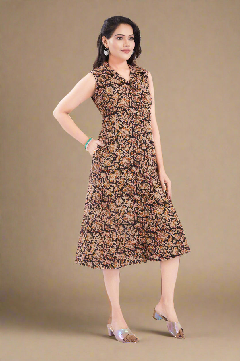 Black Cotton Kalamkari A line fit Dress for Women