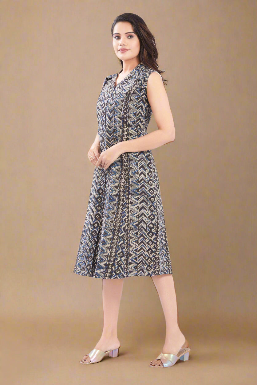 Brown Cotton Kalamkari A line fit Dress for Women