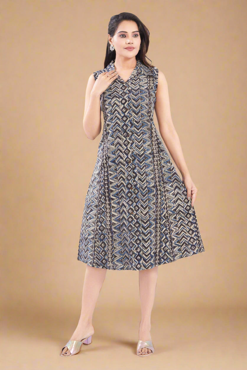 Brown Cotton Kalamkari A line fit Dress for Women