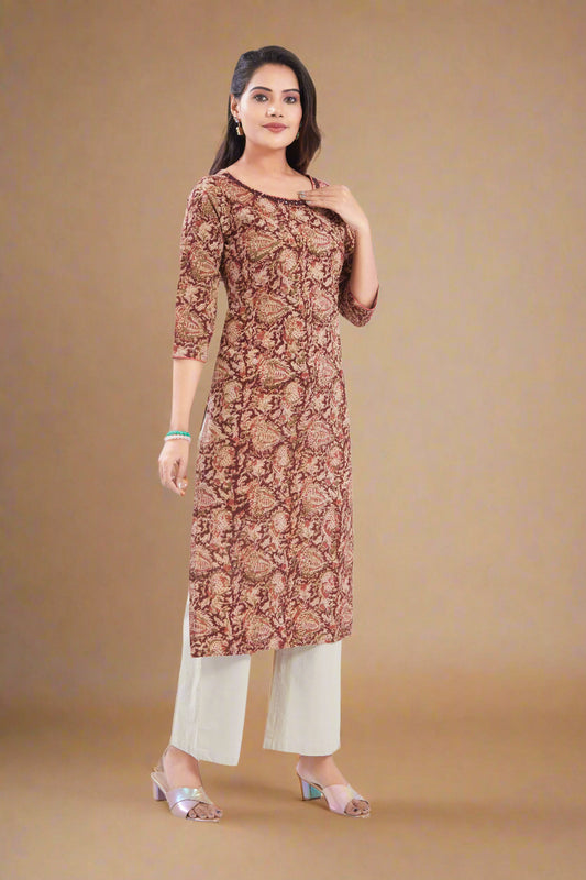 Vismi Maroon Kalamkari Printed Cotton Kurti for Women