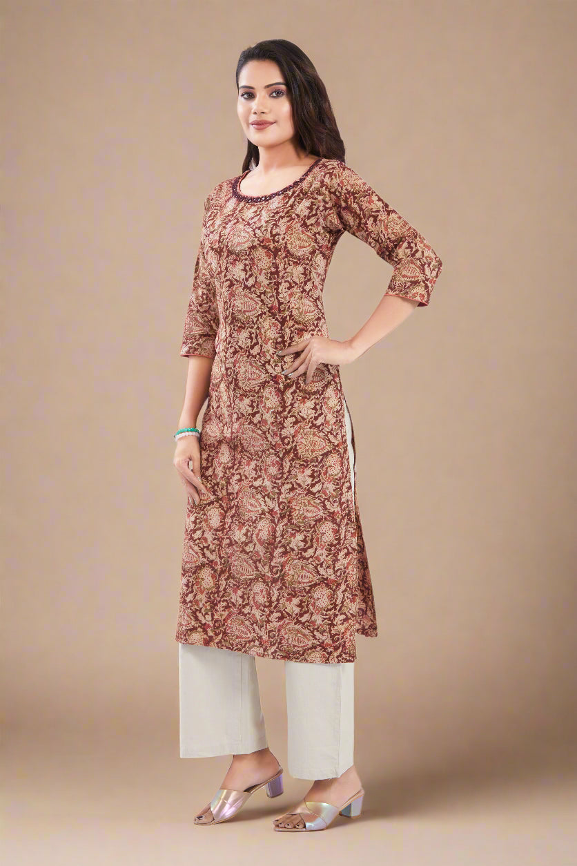 Vismi Maroon Kalamkari Printed Cotton Kurti for Women