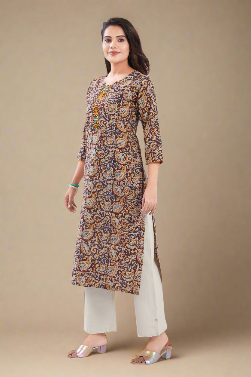 Vismi Dark Maroon Kalamkari Handcrafted Embroidery Kurti for Women
