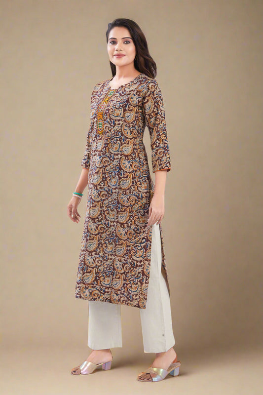 Vismi Dark Maroon Kalamkari Handcrafted Embroidery Kurti for Women