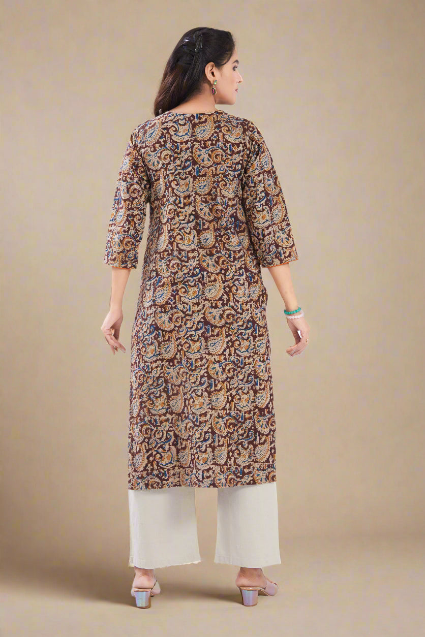 Vismi Dark Maroon Kalamkari Handcrafted Embroidery Kurti for Women
