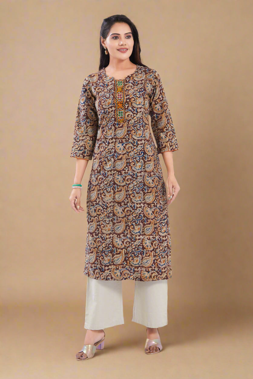 Vismi Dark Maroon Kalamkari Handcrafted Embroidery Kurti for Women