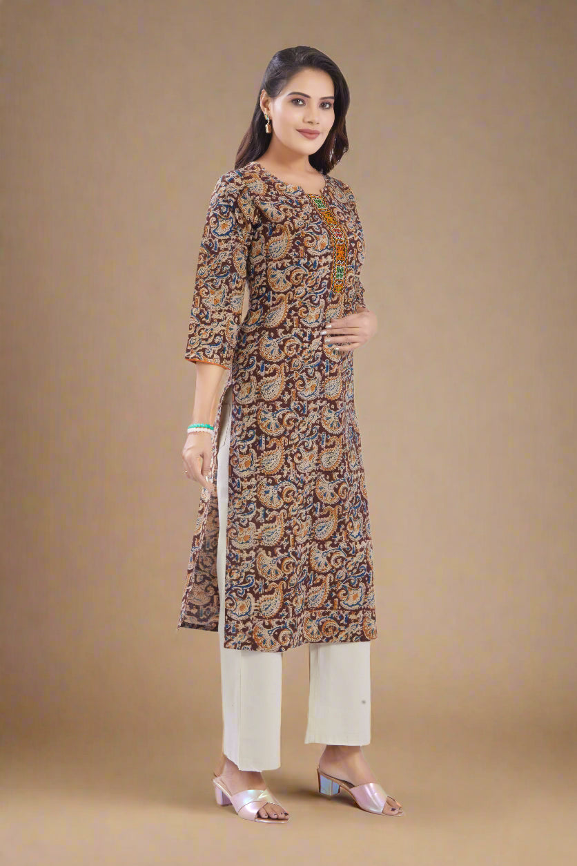 Vismi Dark Maroon Kalamkari Handcrafted Embroidery Kurti for Women