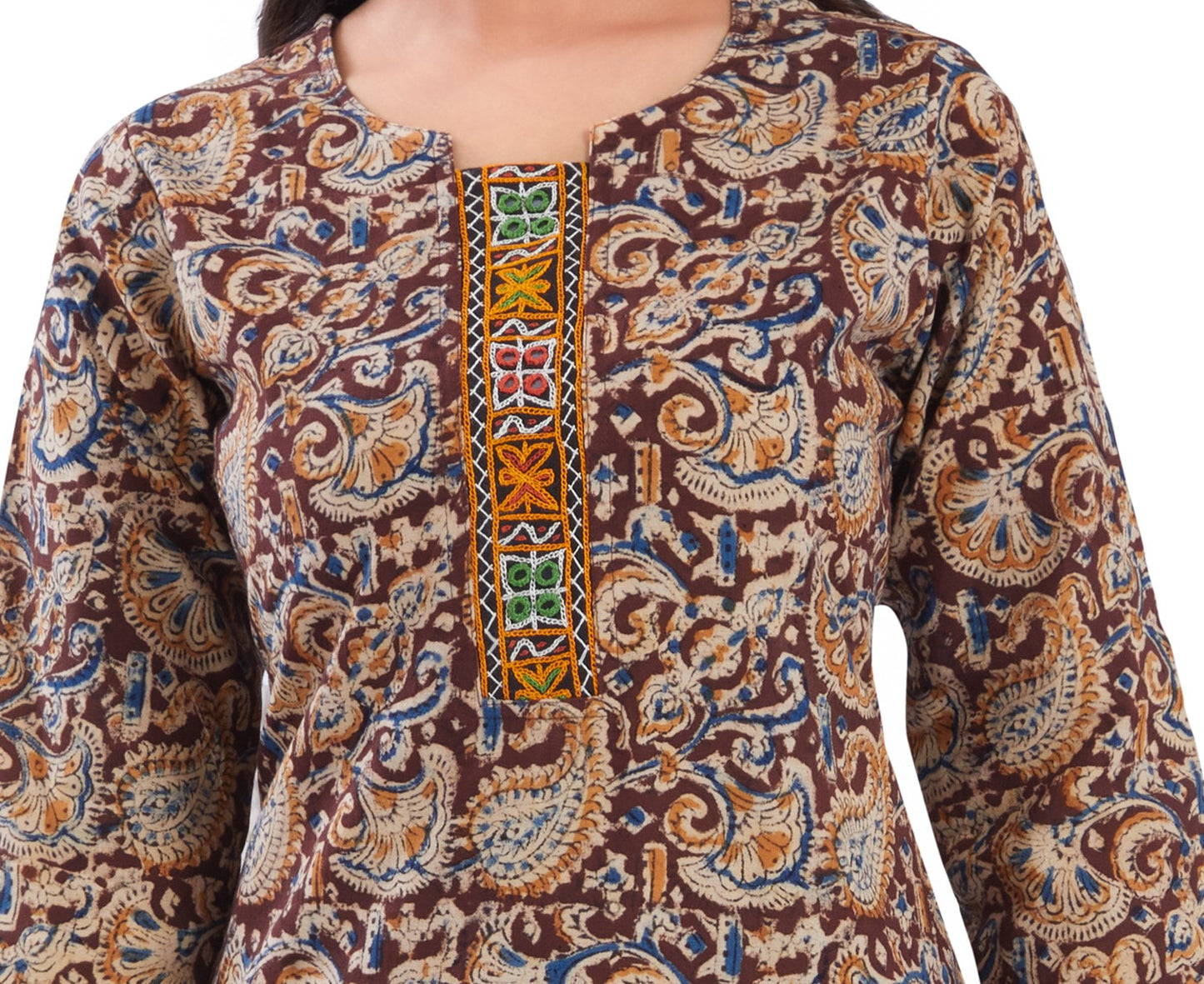 Vismi Dark Maroon Kalamkari Handcrafted Embroidery Kurti for Women