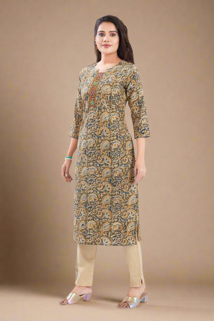 Vismi Green Kalamkari Handcrafted Embroidery Kurti for Women