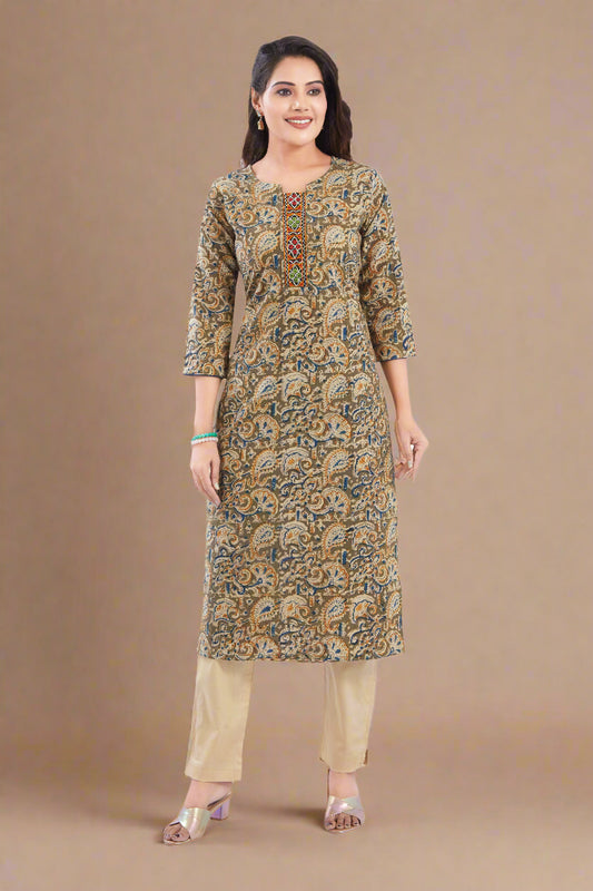 Vismi Green Kalamkari Handcrafted Embroidery Kurti for Women