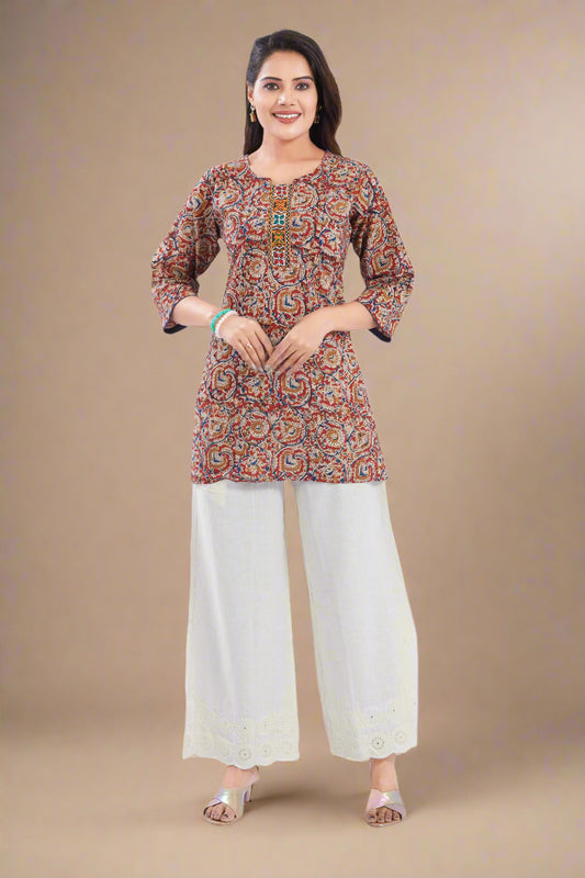 Vismi Maroon Cotton Handcrafted Kamlakari Short Kurti for Women