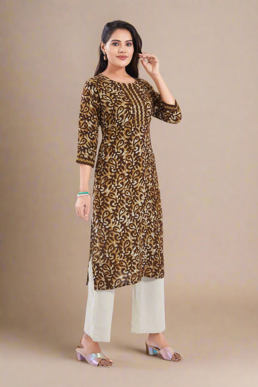 Vismi Coffee Brown Pure Batik Cotton Kurti for Women