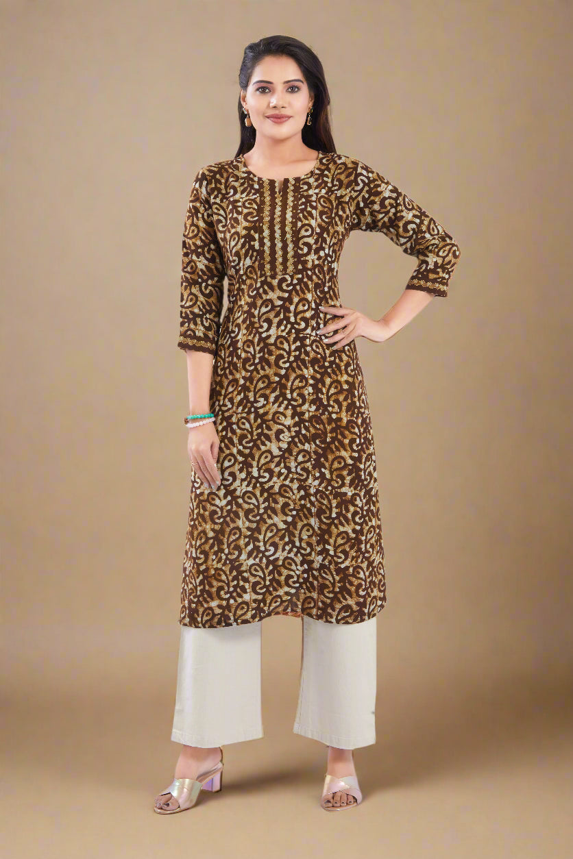 Vismi Coffee Brown Pure Batik Cotton Kurti for Women