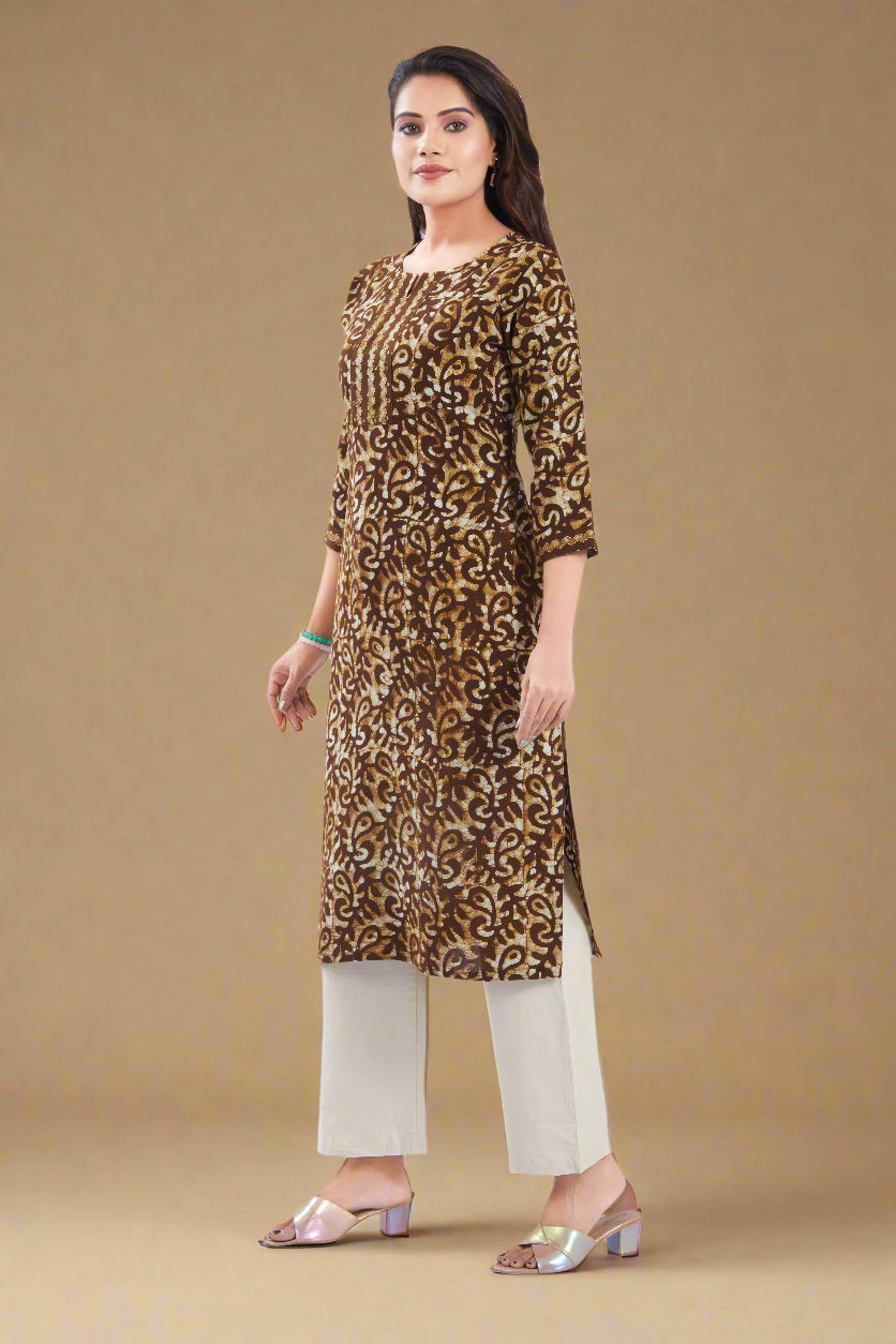Vismi Coffee Brown Pure Batik Cotton Kurti for Women