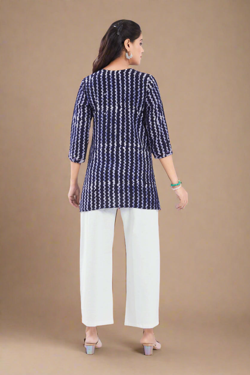 Vismi Navy Blue Handcrafted Marble Batik Short Kurti for Women