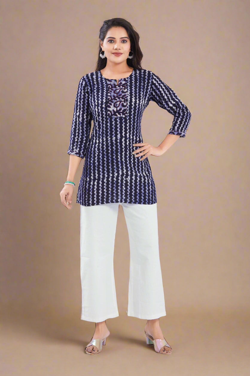 Vismi Navy Blue Handcrafted Marble Batik Short Kurti for Women