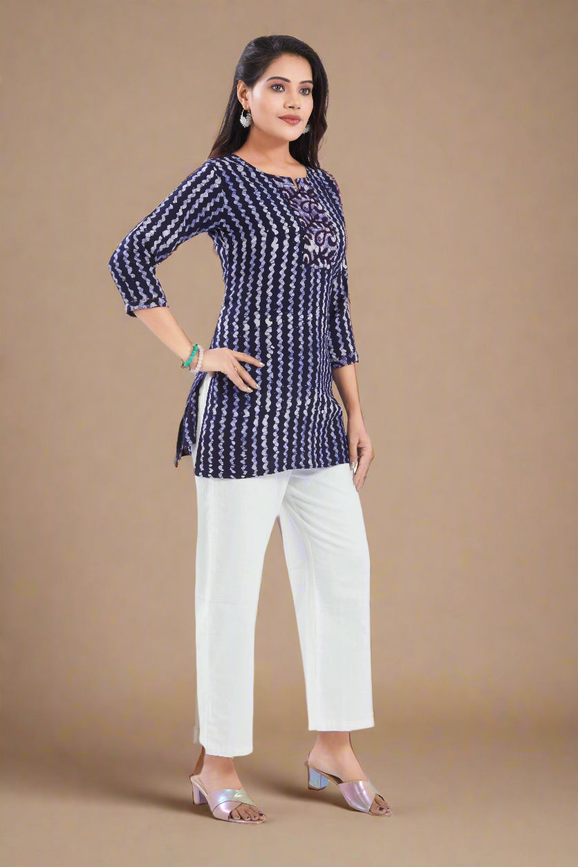 Vismi Navy Blue Handcrafted Marble Batik Short Kurti for Women