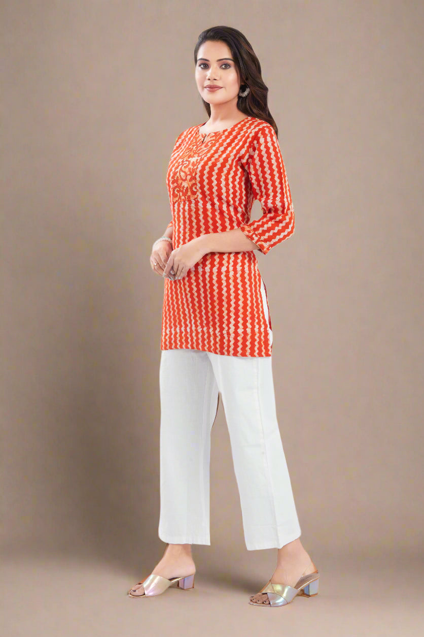 Vismi Orange Handcrafted Marble Batik Short Kurti for Women