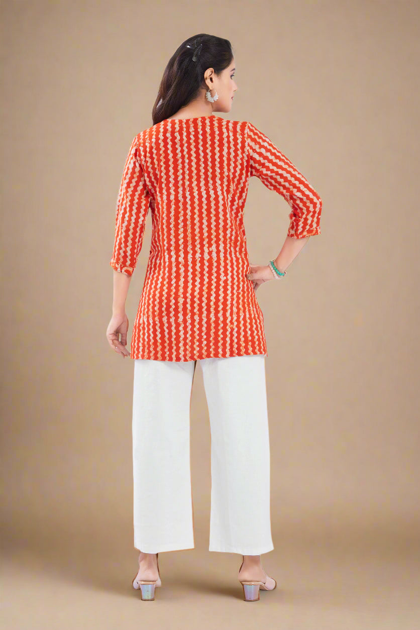 Vismi Orange Handcrafted Marble Batik Short Kurti for Women