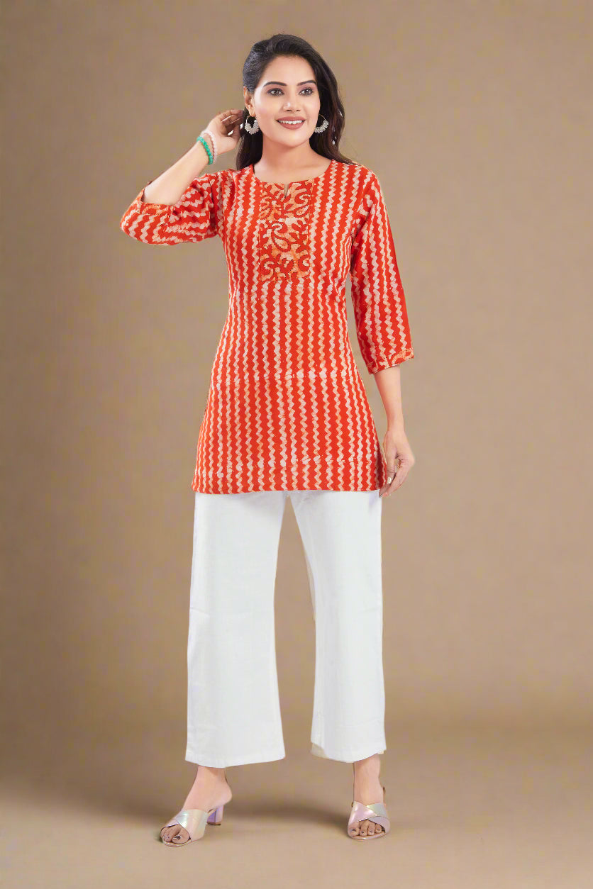 Vismi Orange Handcrafted Marble Batik Short Kurti for Women