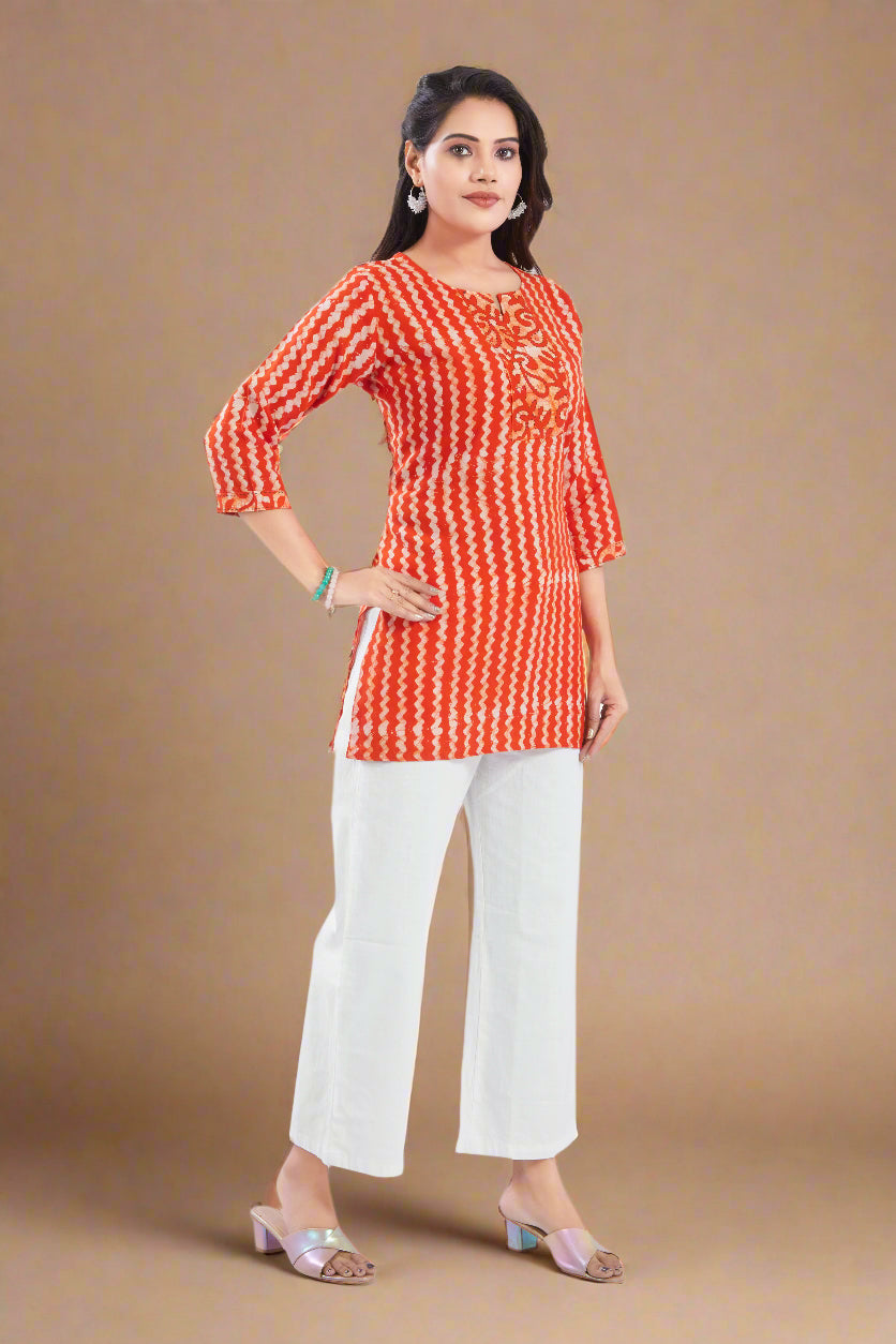 Vismi Orange Handcrafted Marble Batik Short Kurti for Women