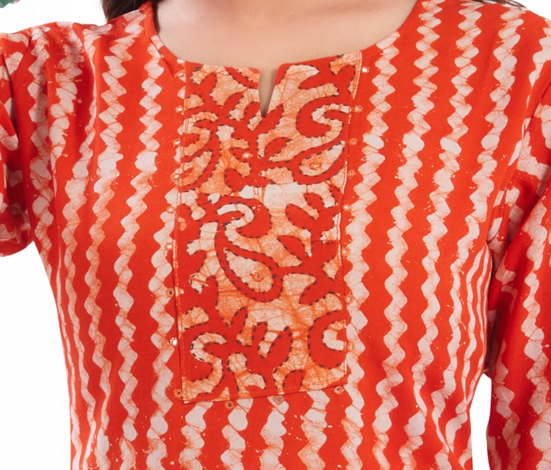 Vismi Orange Handcrafted Marble Batik Short Kurti for Women
