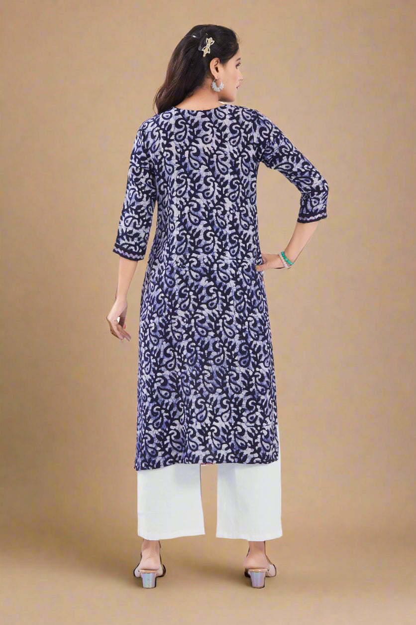 Vismi Navy Blue Pure Batik Cotton Kurti for Women