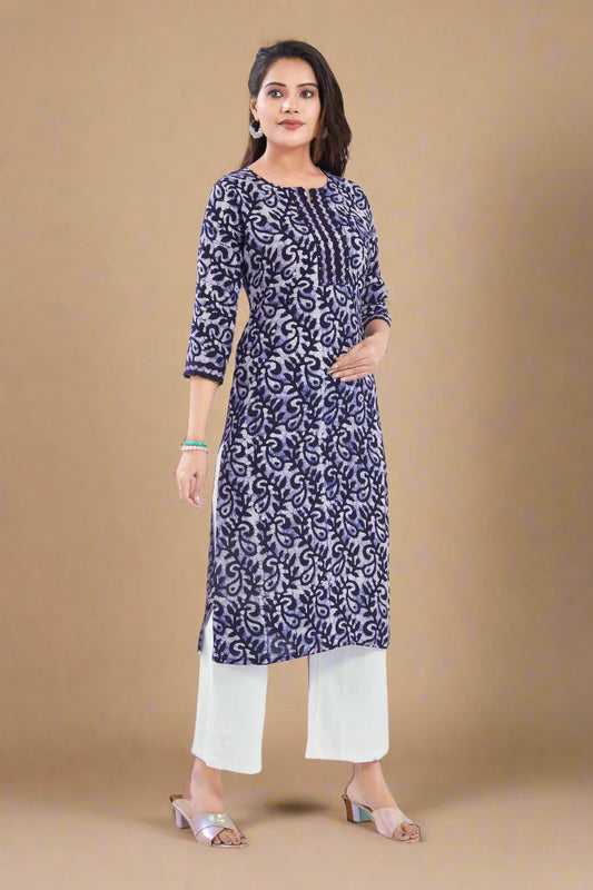 Vismi Navy Blue Pure Batik Cotton Kurti for Women