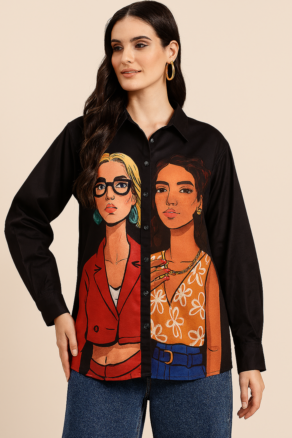 Bold Portrait Graphic Button-Down Shirt