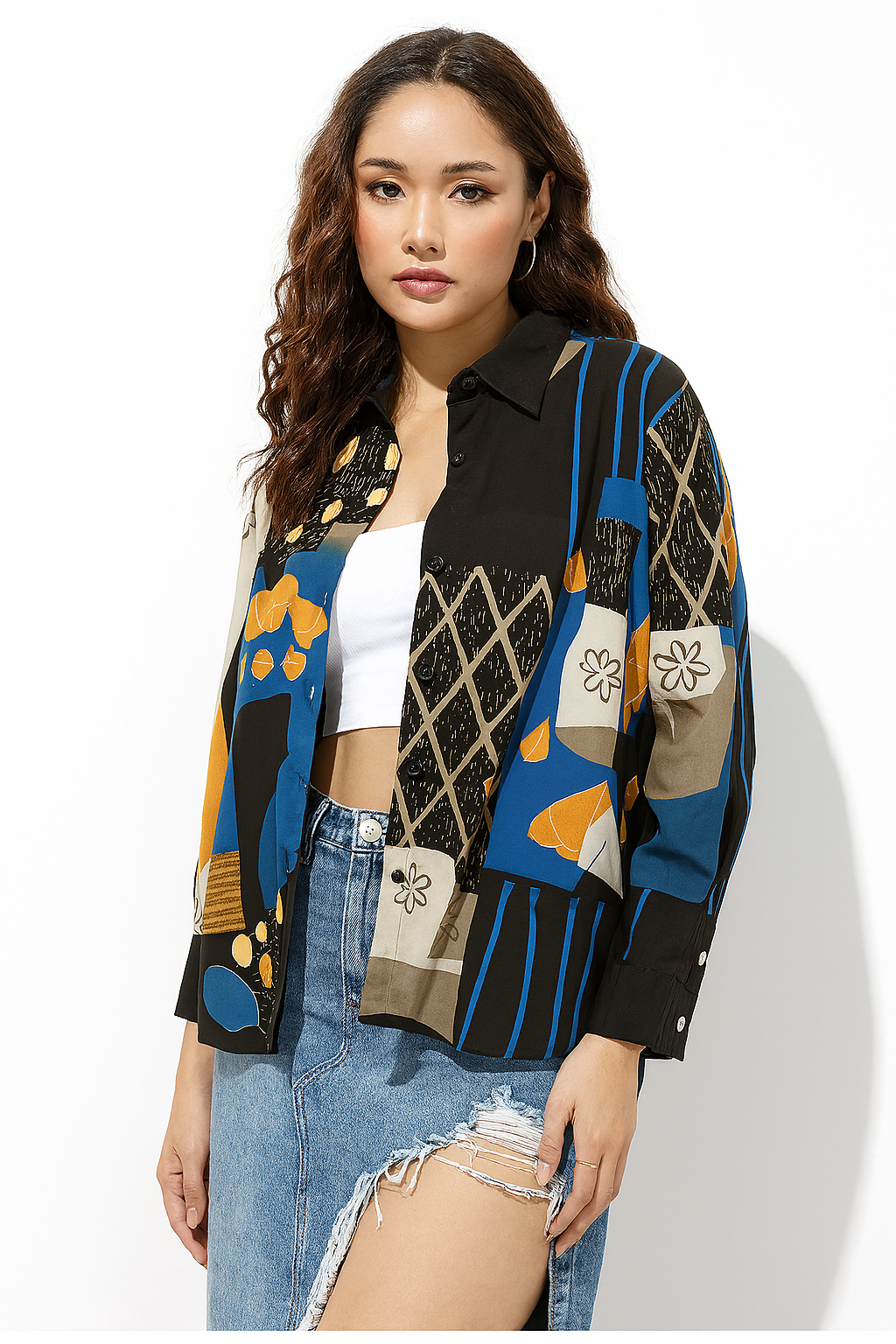 Multicolor Abstract Print Oversized Shirt with Button Down Front