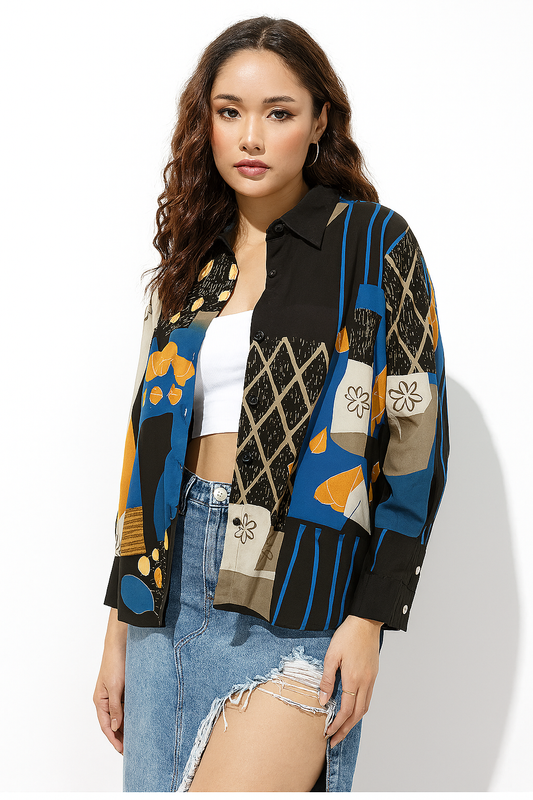 Multicolor Abstract Print Oversized Shirt with Button Down Front