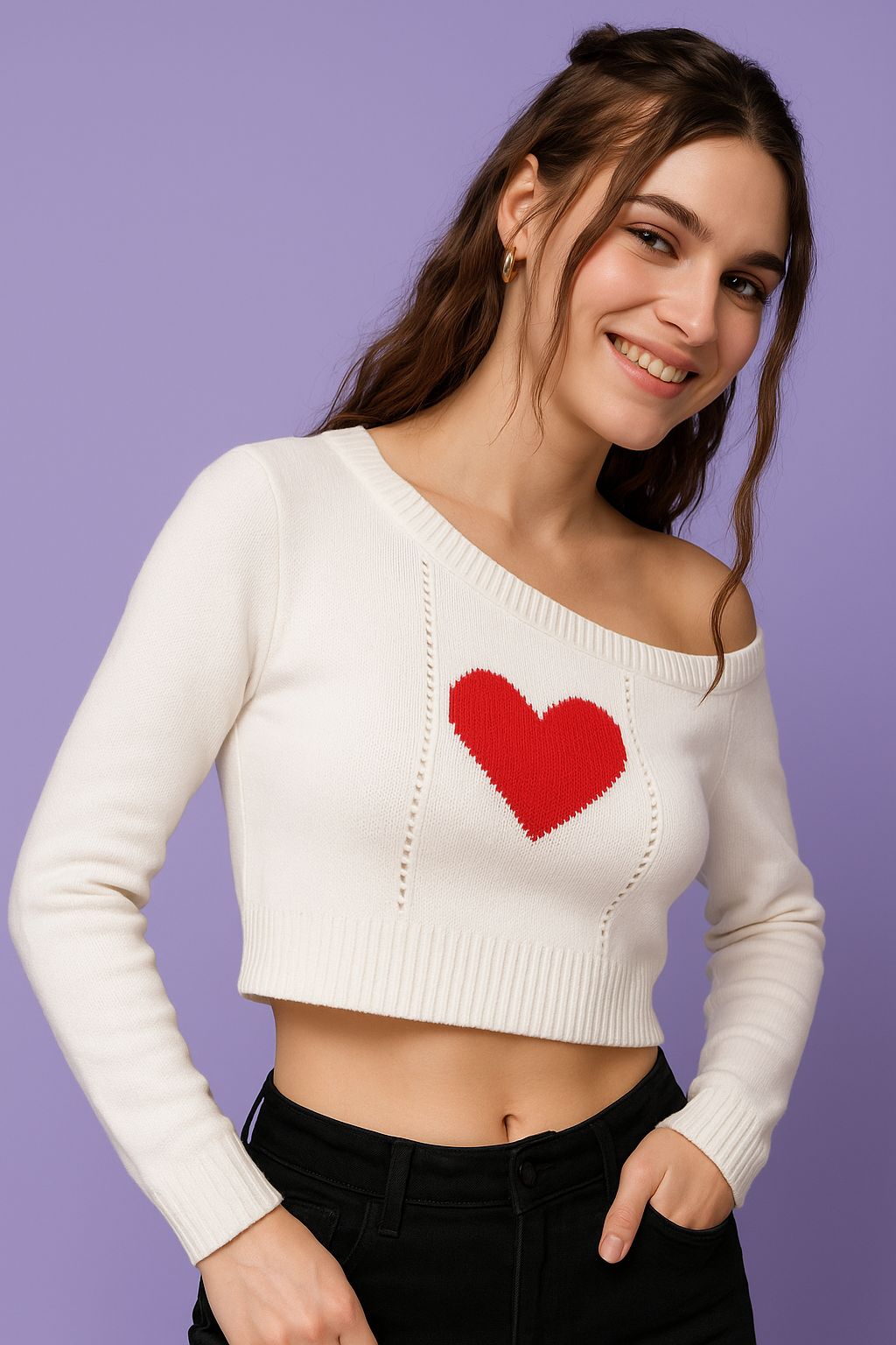 White Rib-Knit Crop Top with Red Heart Detail