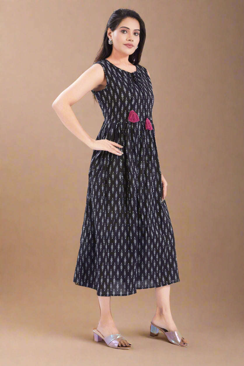 Black Cotton Jaipuri Printed Midi Dress