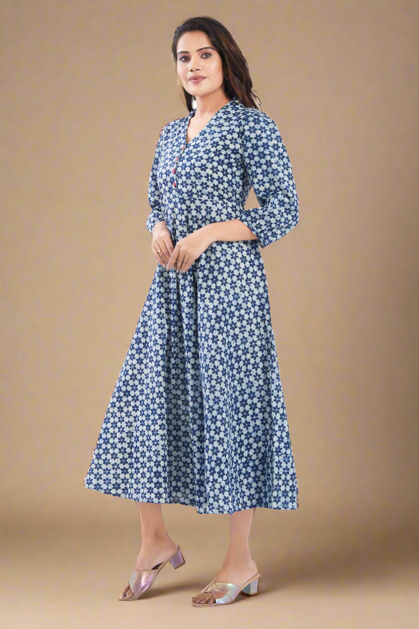 Indigo Cotton Jaipuri Printed Midi Dress