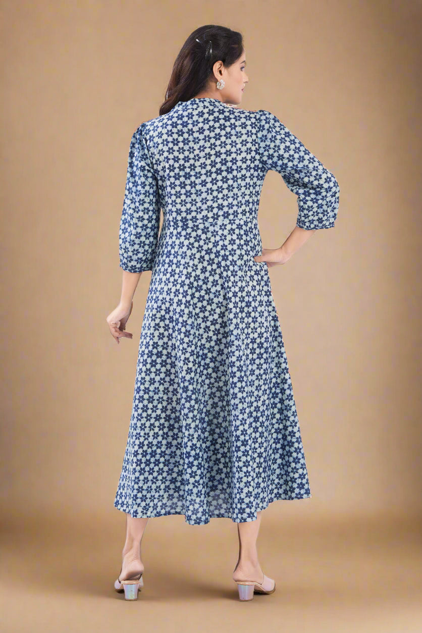Indigo Cotton Jaipuri Printed Midi Dress