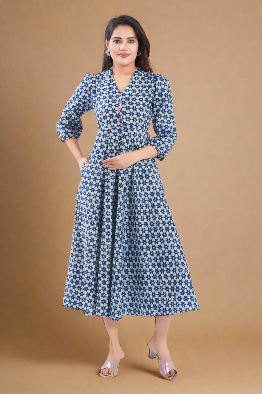 Indigo Cotton Jaipuri Printed Midi Dress
