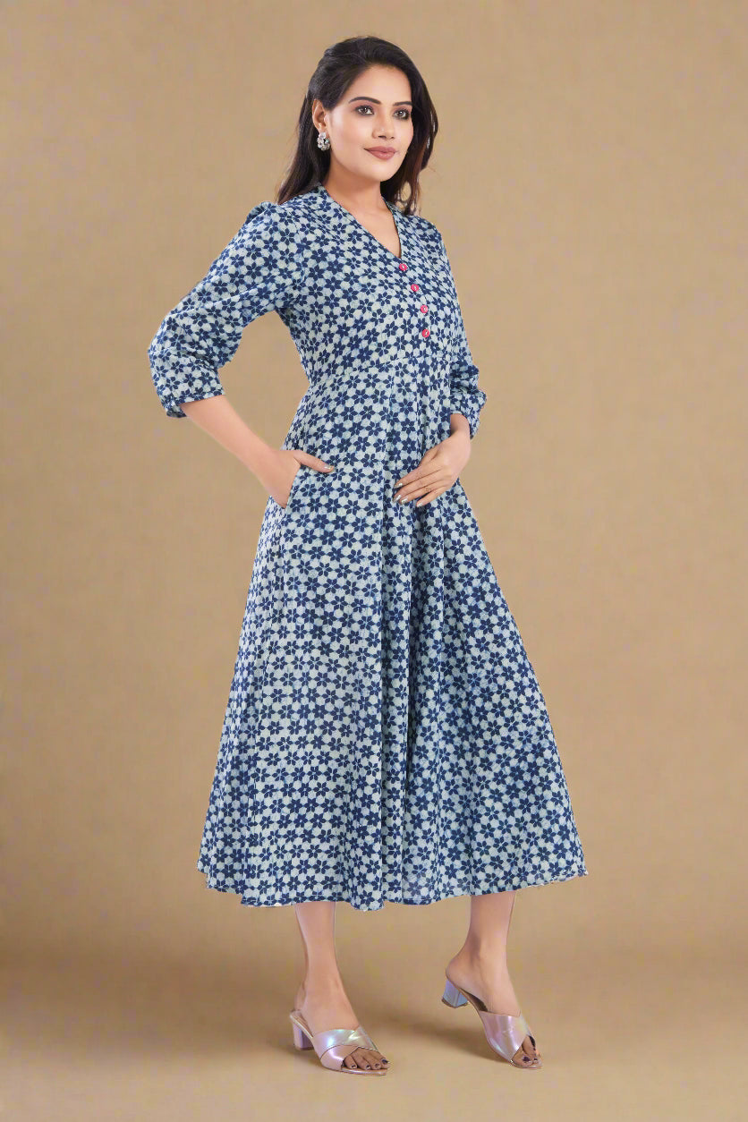 Indigo Cotton Jaipuri Printed Midi Dress