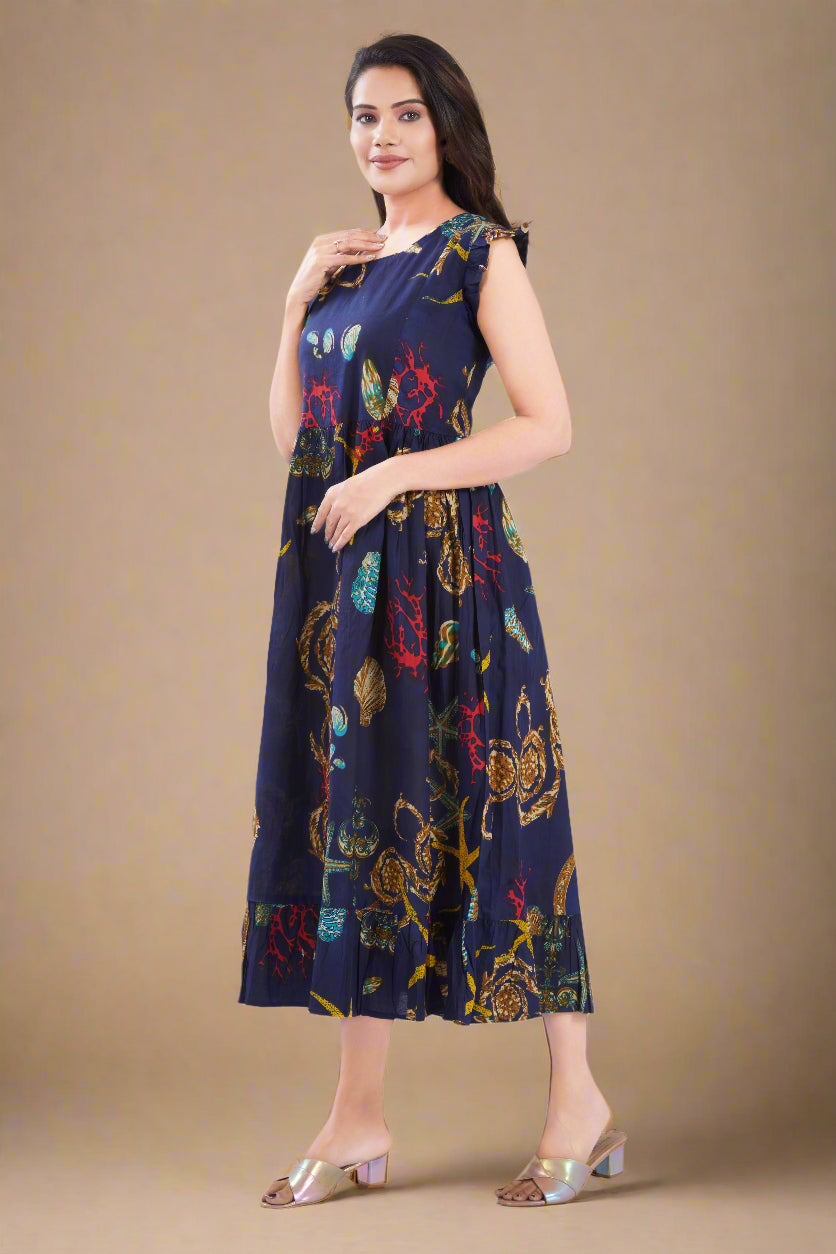 Indigo Cotton Jaipuri Printed Midi Dress