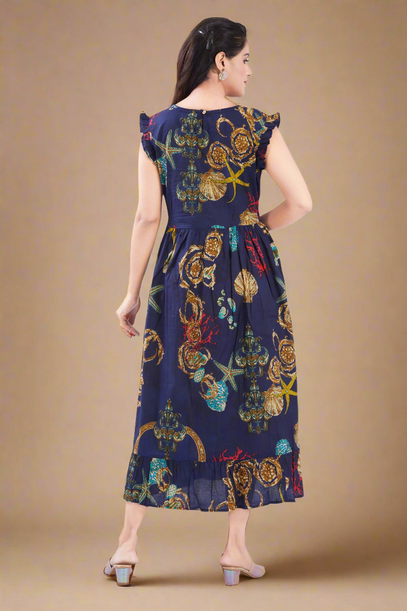 Indigo Cotton Jaipuri Printed Midi Dress