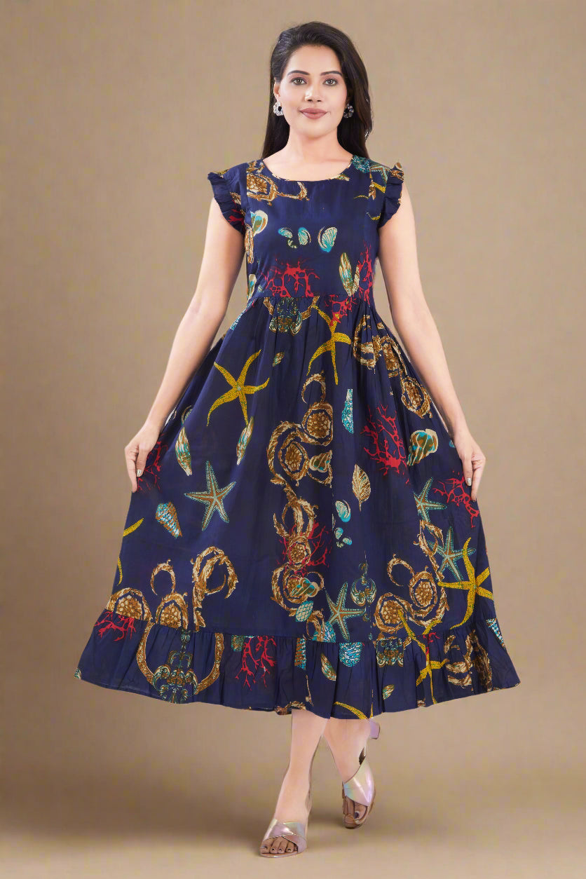 Indigo Cotton Jaipuri Printed Midi Dress