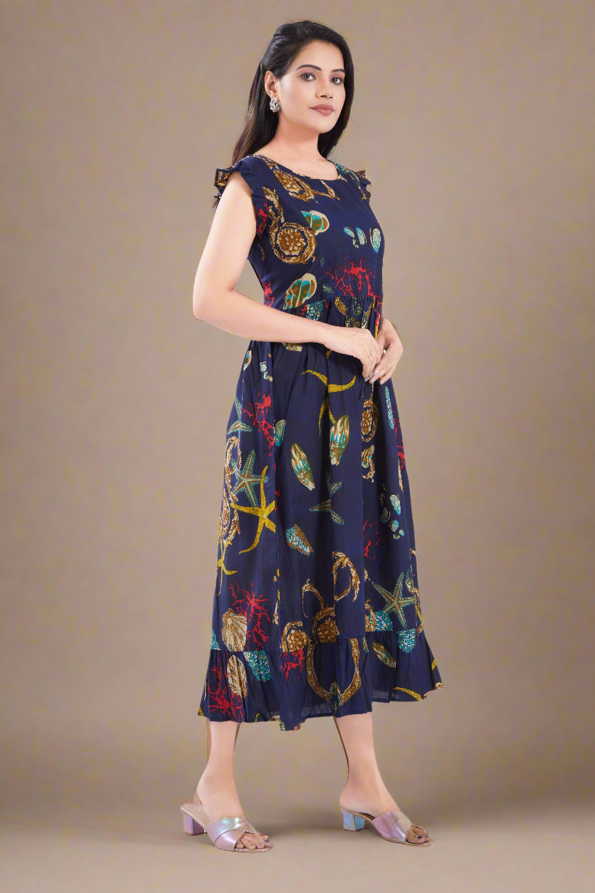 Indigo Cotton Jaipuri Printed Midi Dress