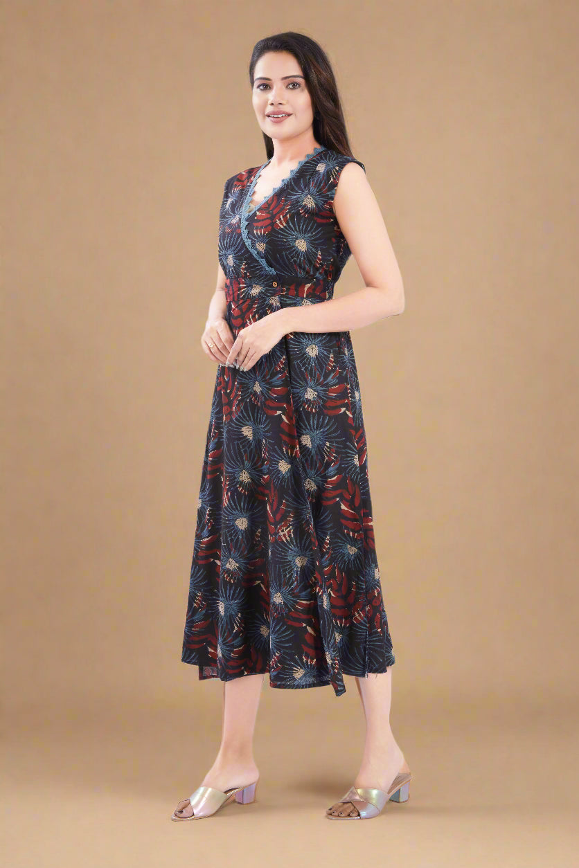 Black Cotton Jaipuri Printed Midi Dress