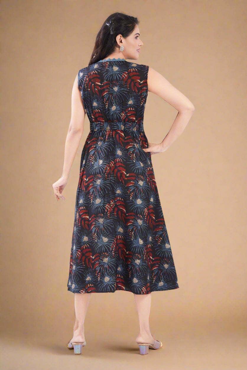 Black Cotton Jaipuri Printed Midi Dress