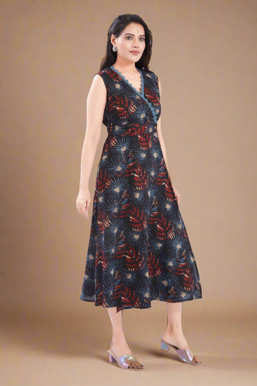 Black Cotton Jaipuri Printed Midi Dress
