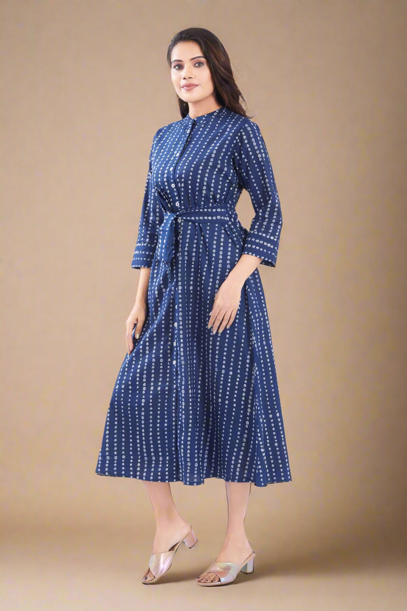 Indigo Cotton Jaipuri Polka Printed Midi Dress