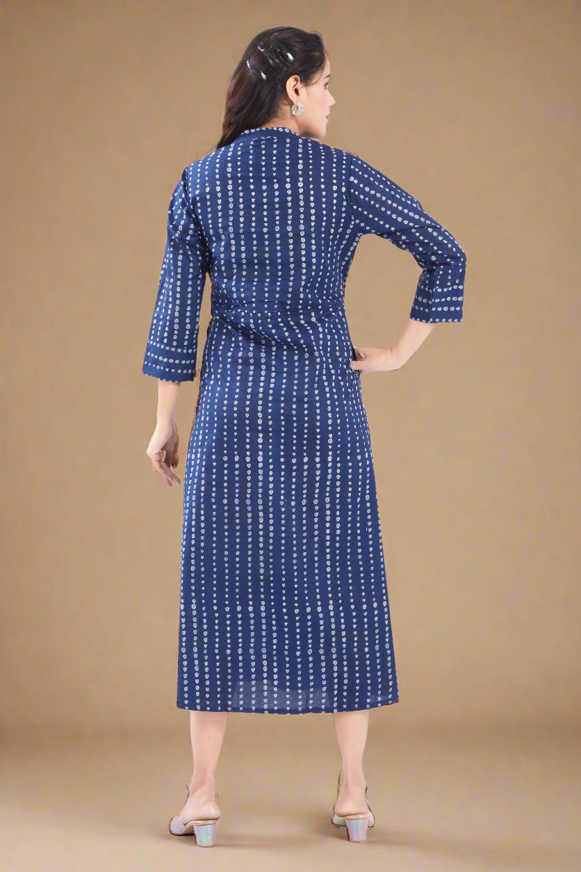 Indigo Cotton Jaipuri Polka Printed Midi Dress