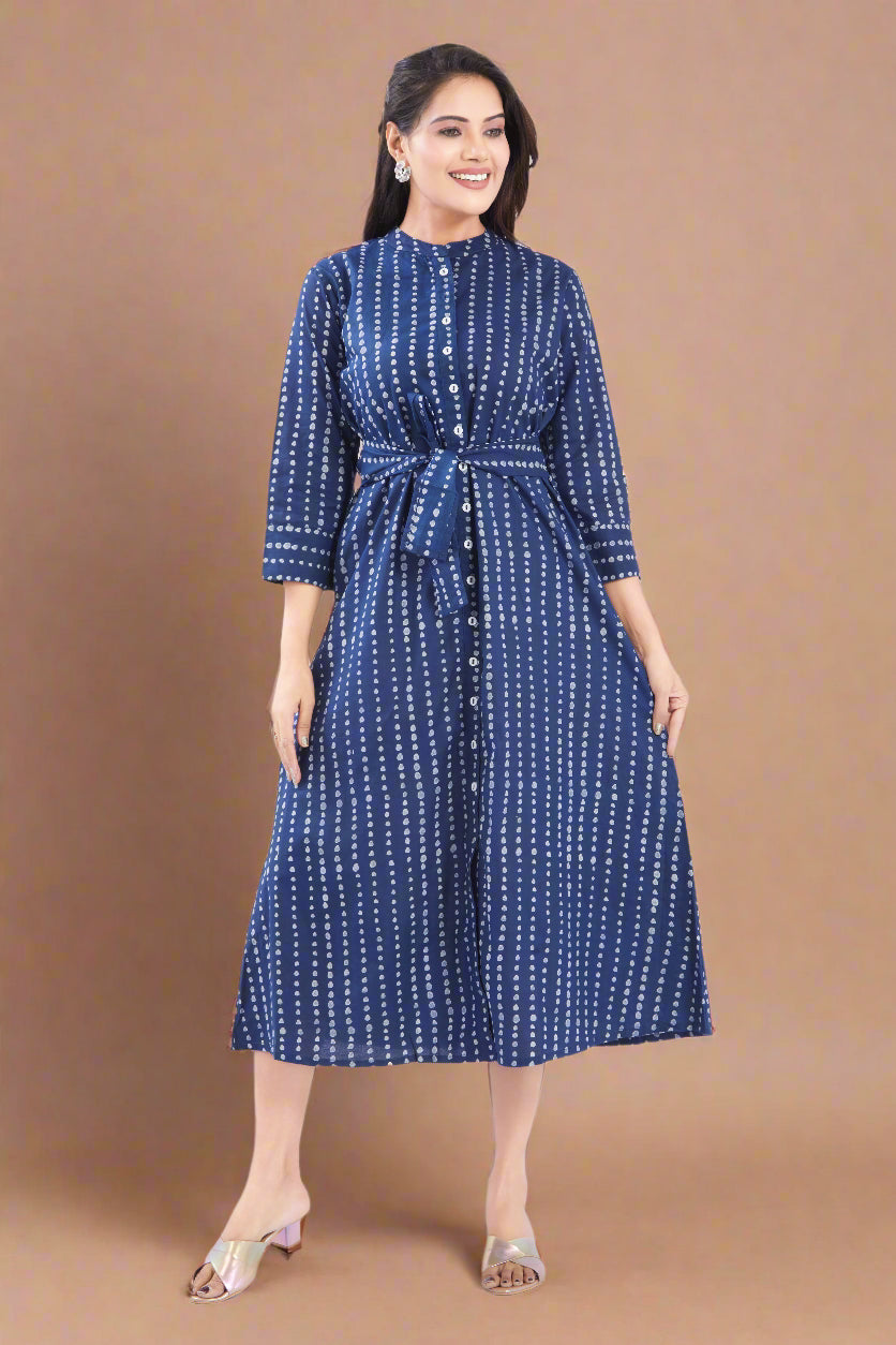Indigo Cotton Jaipuri Polka Printed Midi Dress