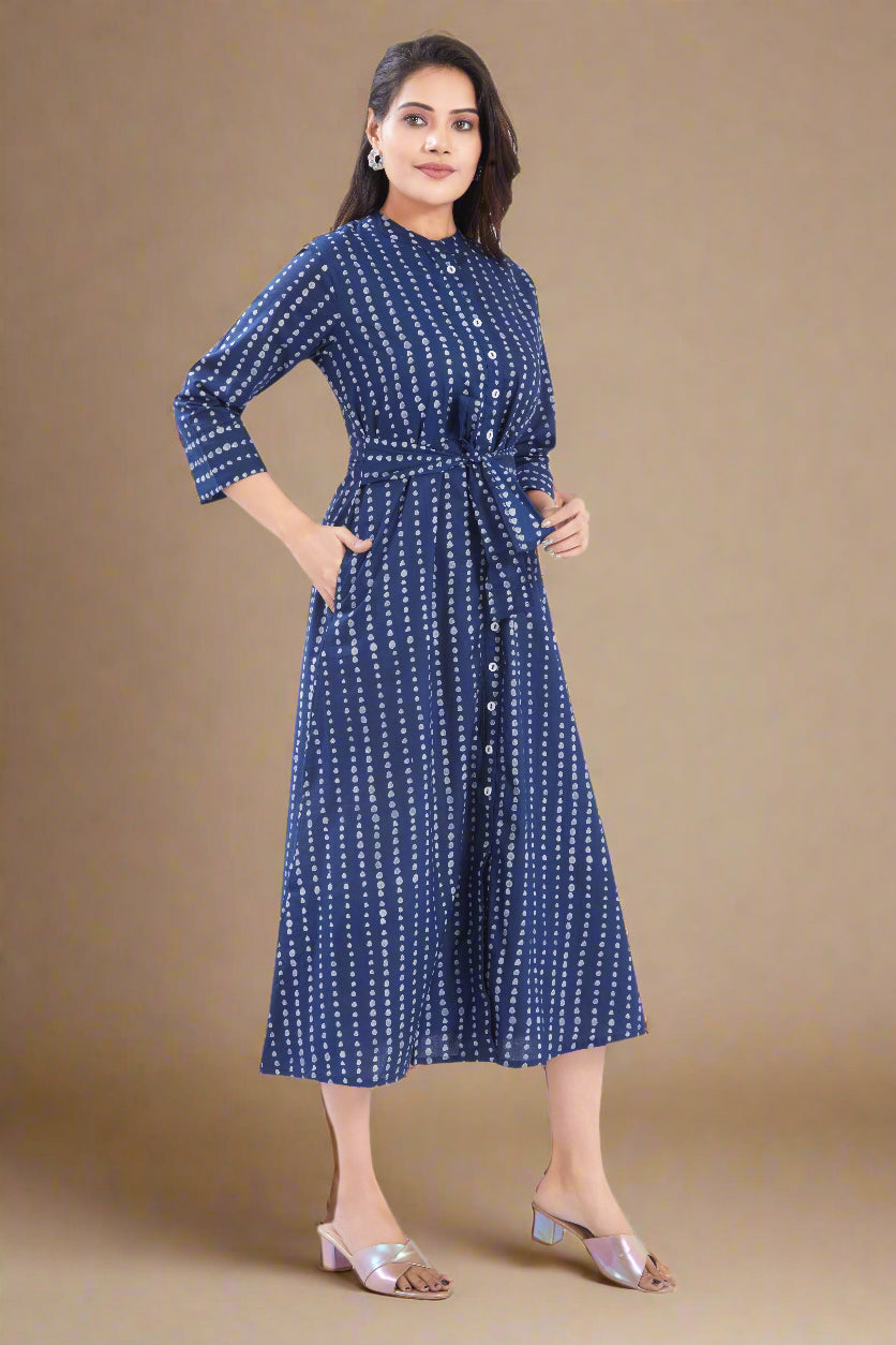 Indigo Cotton Jaipuri Polka Printed Midi Dress