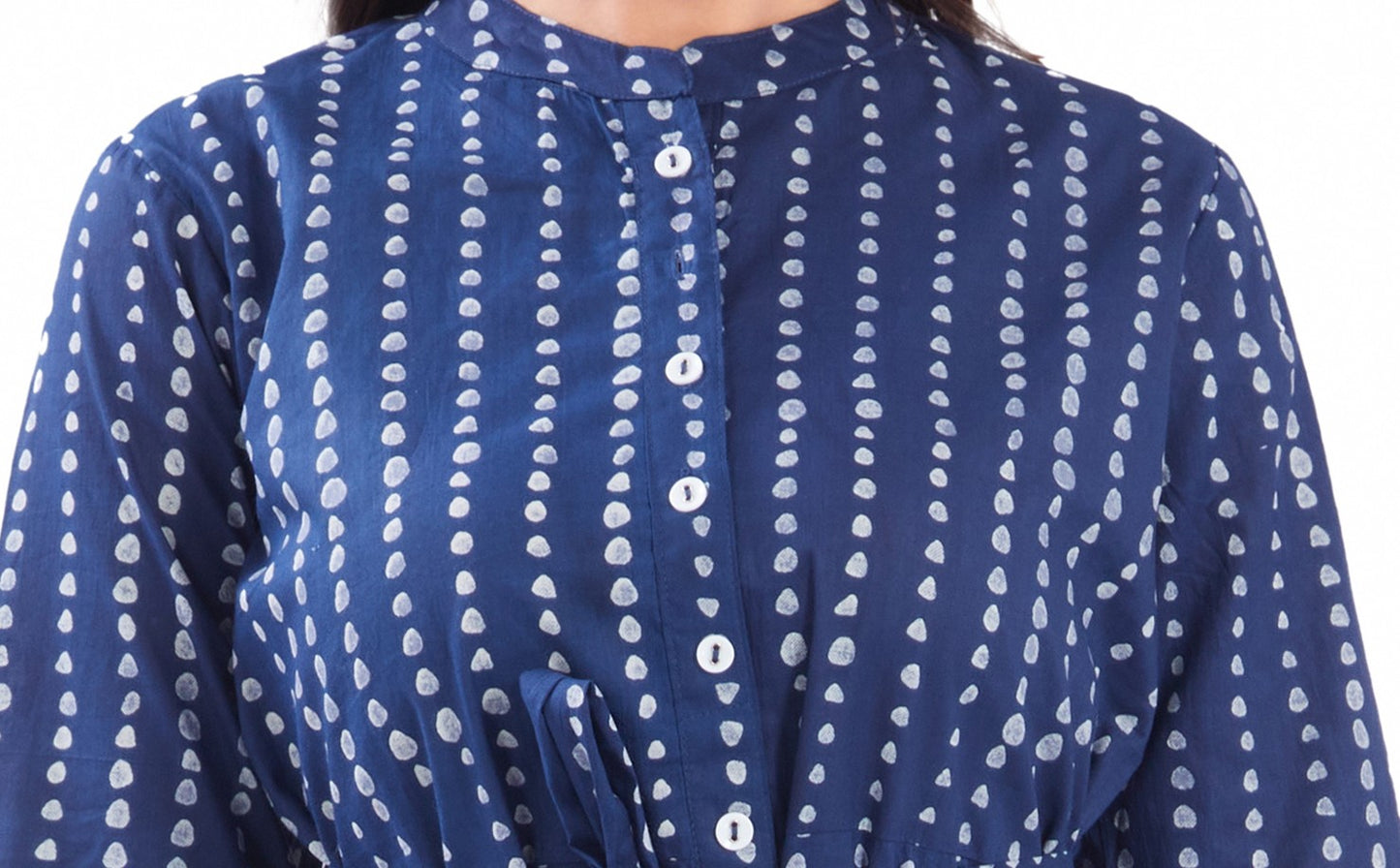 Indigo Cotton Jaipuri Polka Printed Midi Dress