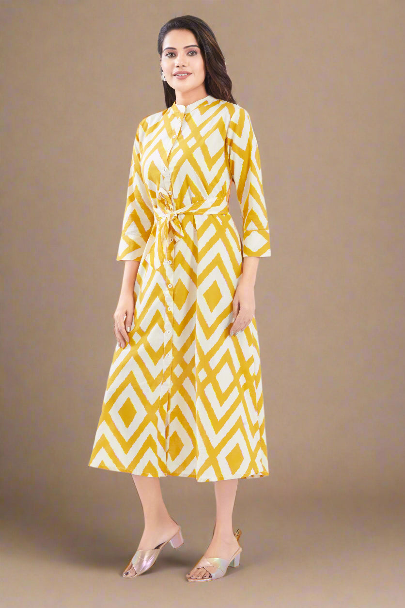Yellow Cotton Jaipuri Printed Midi Dress