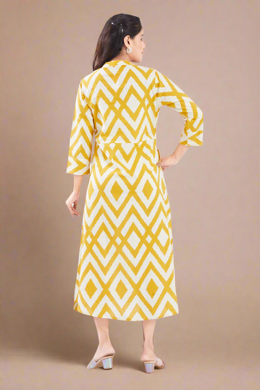 Yellow Cotton Jaipuri Printed Midi Dress
